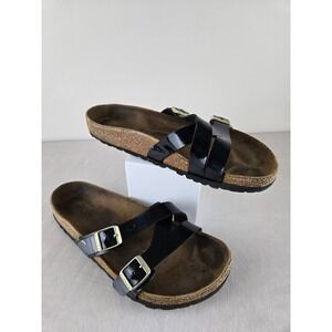 Birkenstock Mayari‎ Black Patent Leather Strappy Cork Footbed Sandals Women